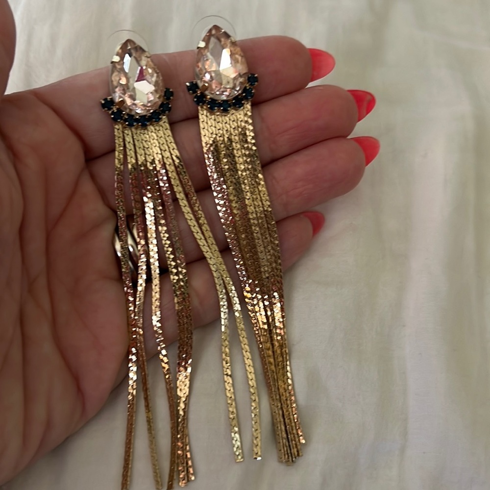 Gold Tassel Drop Earrings with Champagne Crystal
